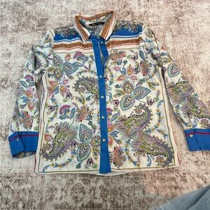 Zara White Paisley Button-Down Shirt with Blue Trim